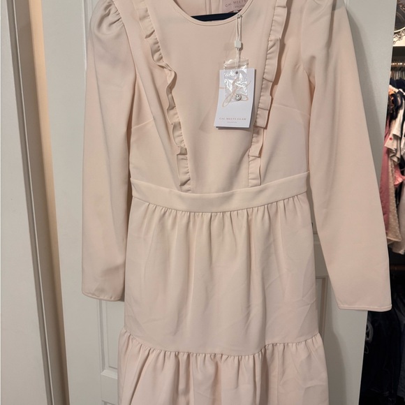 Gal Meets Glam Dresses & Skirts - Cream Ruffle Trim Long Sleeve Dress